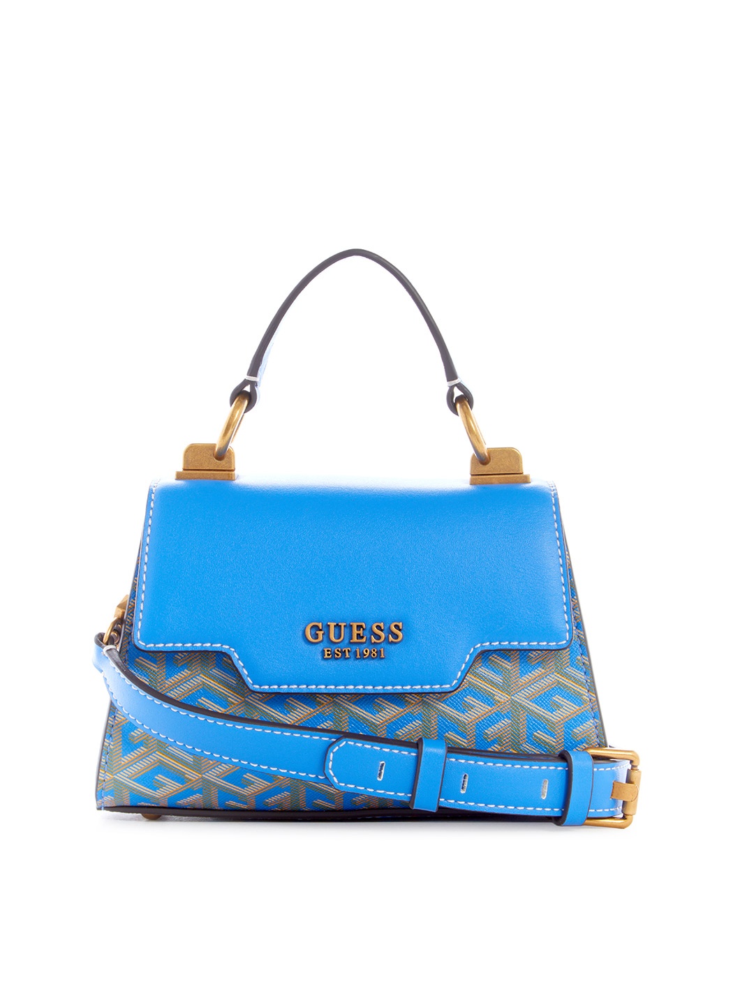 

GUESS Brand Logo Printed Structured Handheld Bag, Blue