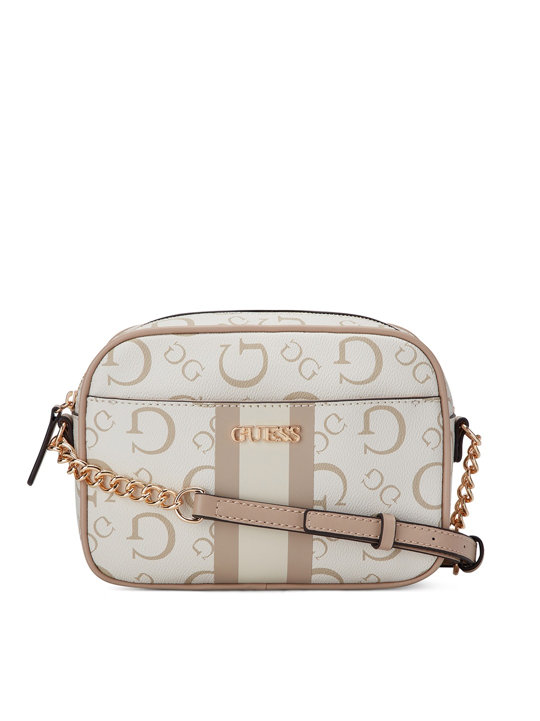 

GUESS Brand Logo Printed Structured Sling Bag, White