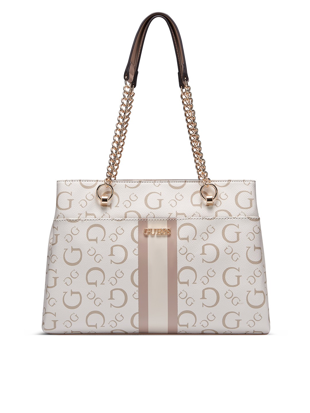

GUESS Brand Logo Printed Structured Shoulder Bag, Off white