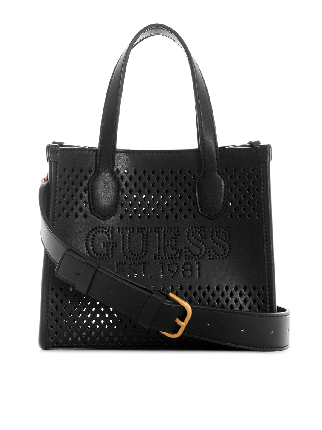 

GUESS Laser-Cut Design Structured Handheld Bag, Black