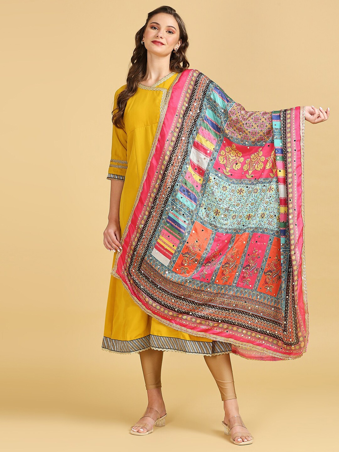 

Dupatta Bazaar Ethnic Motifs Printed Mirror Work Dupatta, Blue