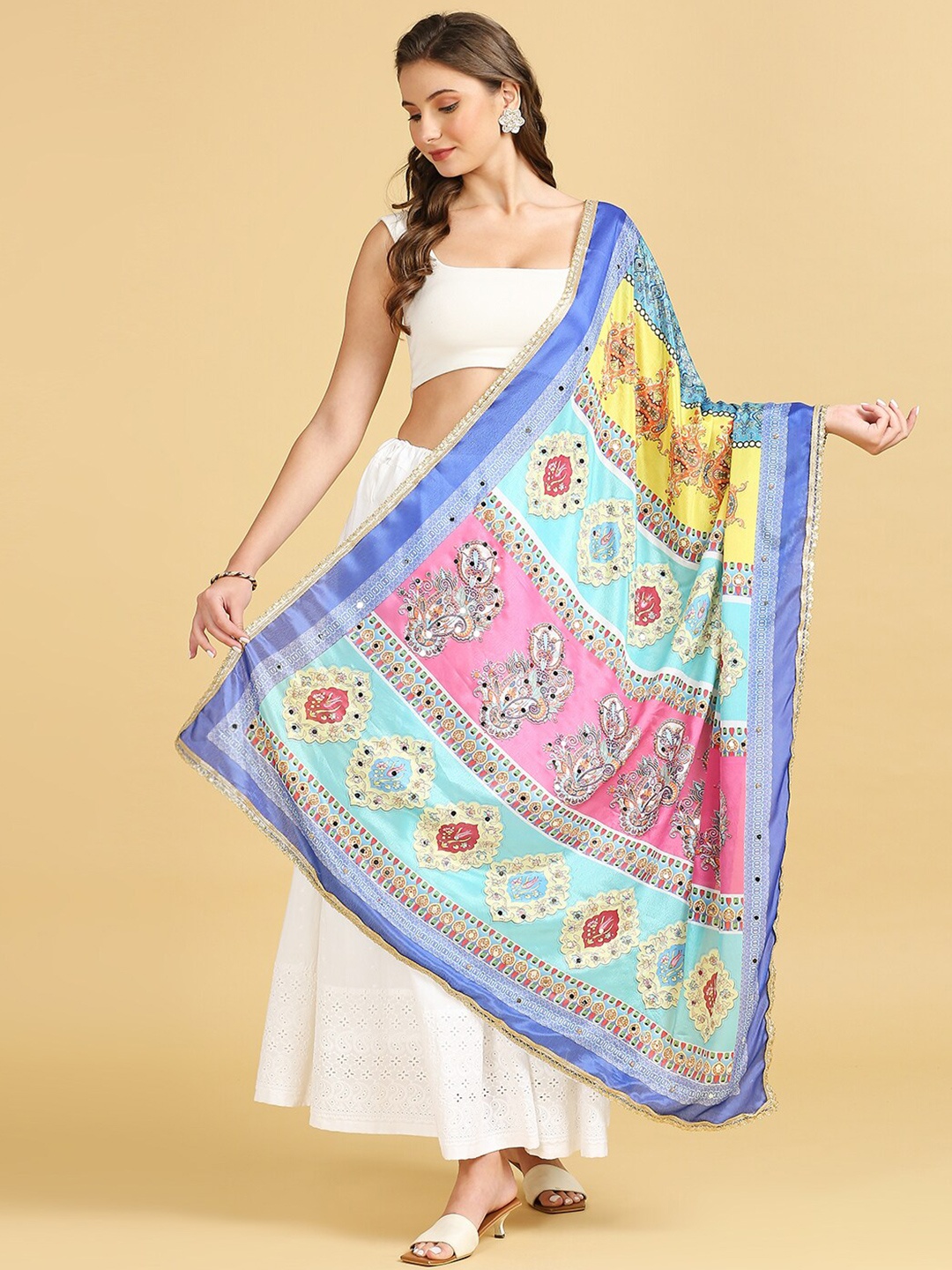 

Dupatta Bazaar Ethnic Motifs Printed Mirror Work Detailed Chinon Dupatta, Blue