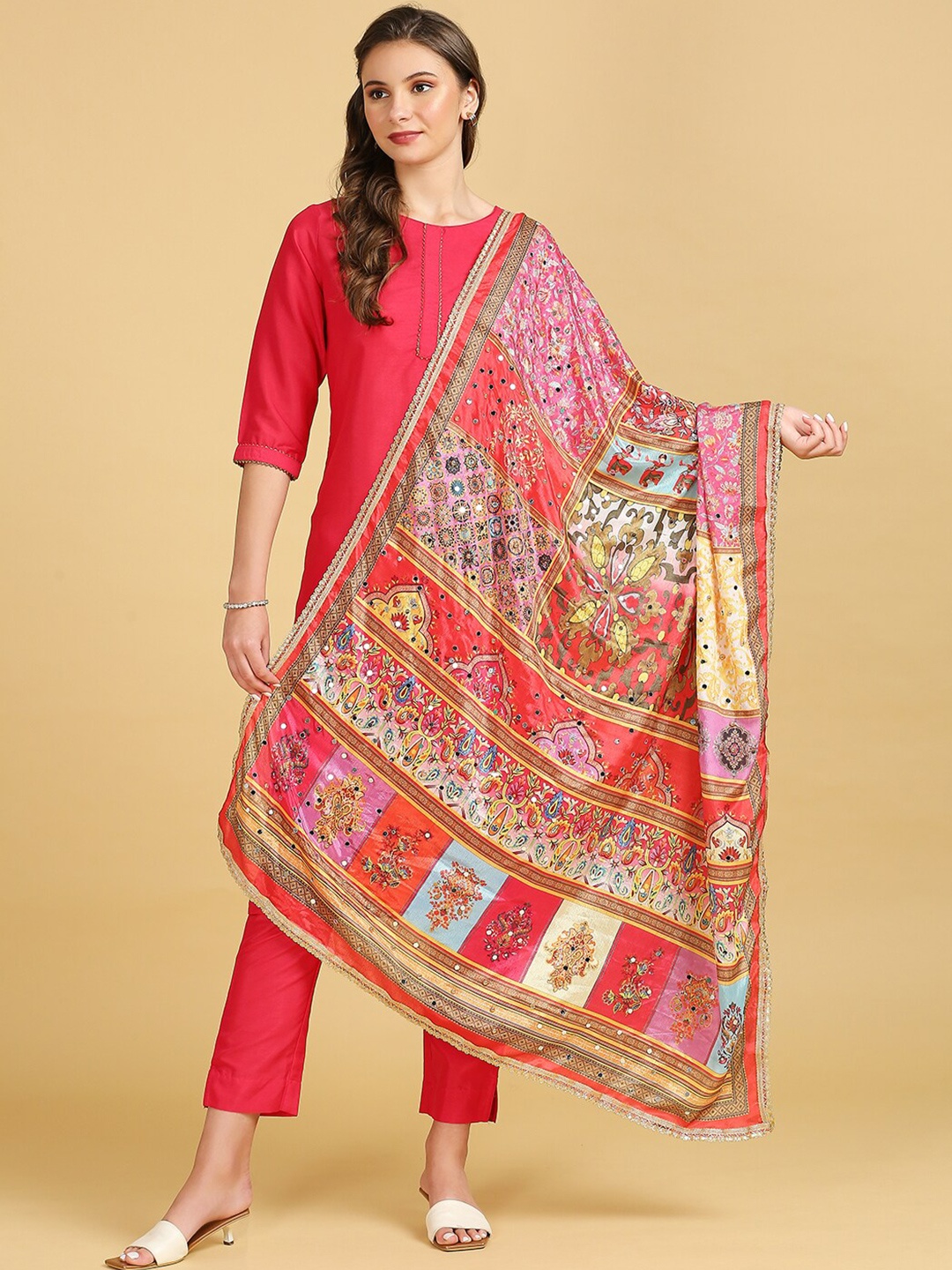 

Dupatta Bazaar Ethnic Motifs Printed Mirror Work Dupatta, Pink