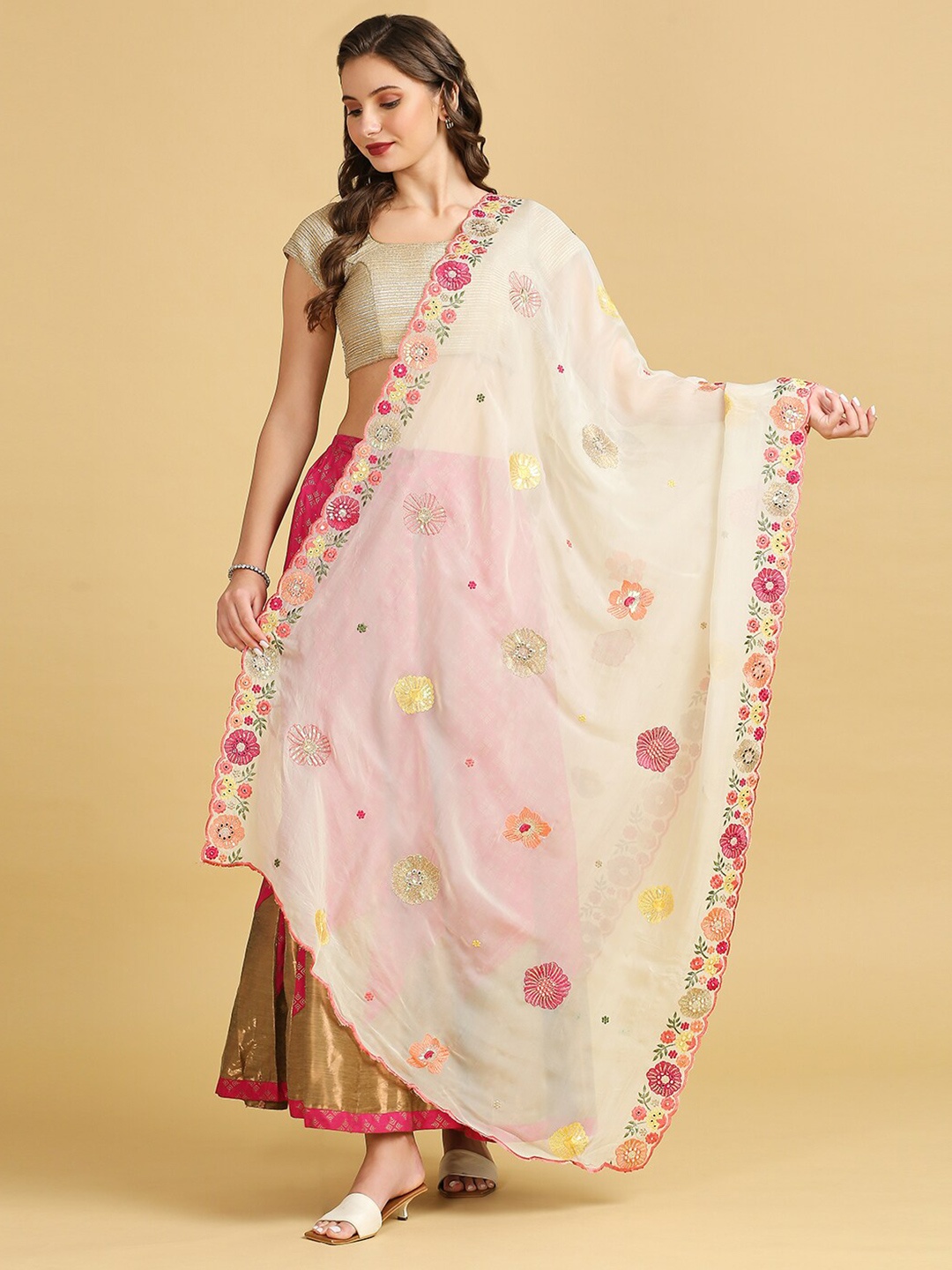 

Dupatta Bazaar Floral Embroidered Sequinned Organza Dupatta, Cream
