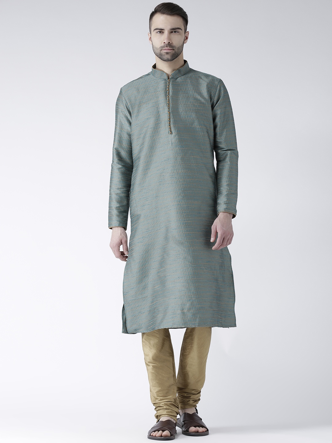 

DEYANN Men Sea Green & Beige Self-Design Kurta with Churidar