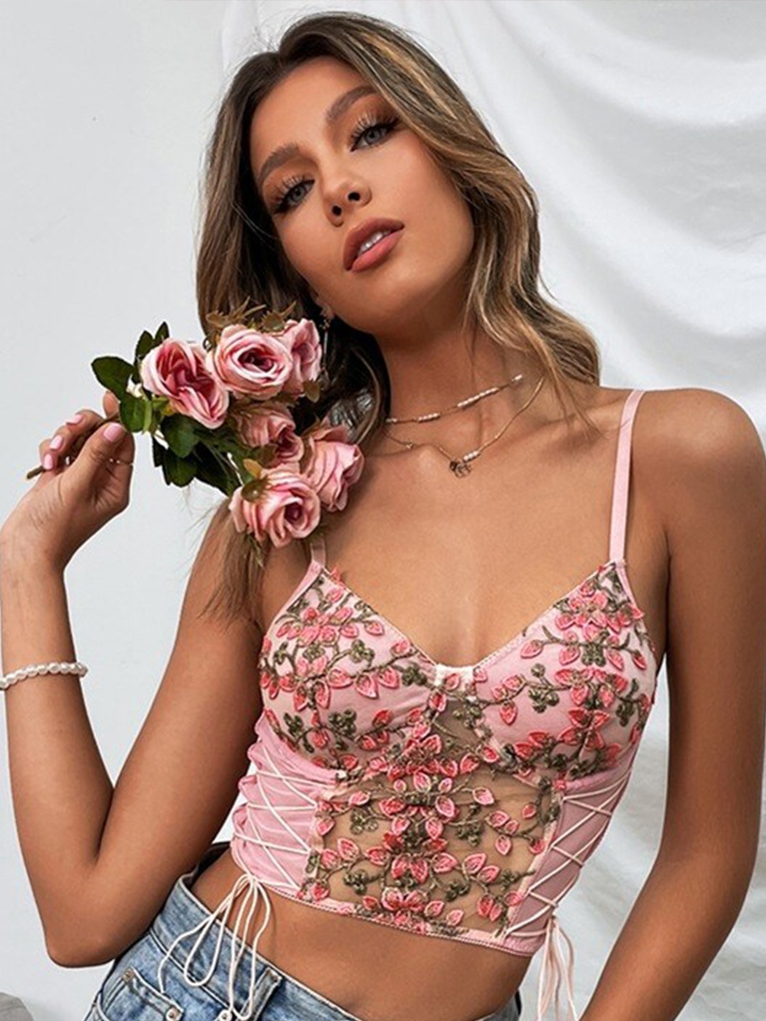 

StyleCast Pink Floral Embroidered Lace ups Bralette Crop Top