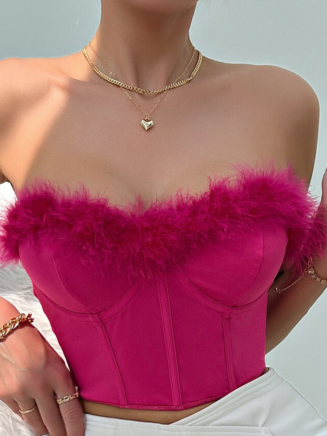 

StyleCast Pink Faux Fur Trim Corset Fitted Crop Top