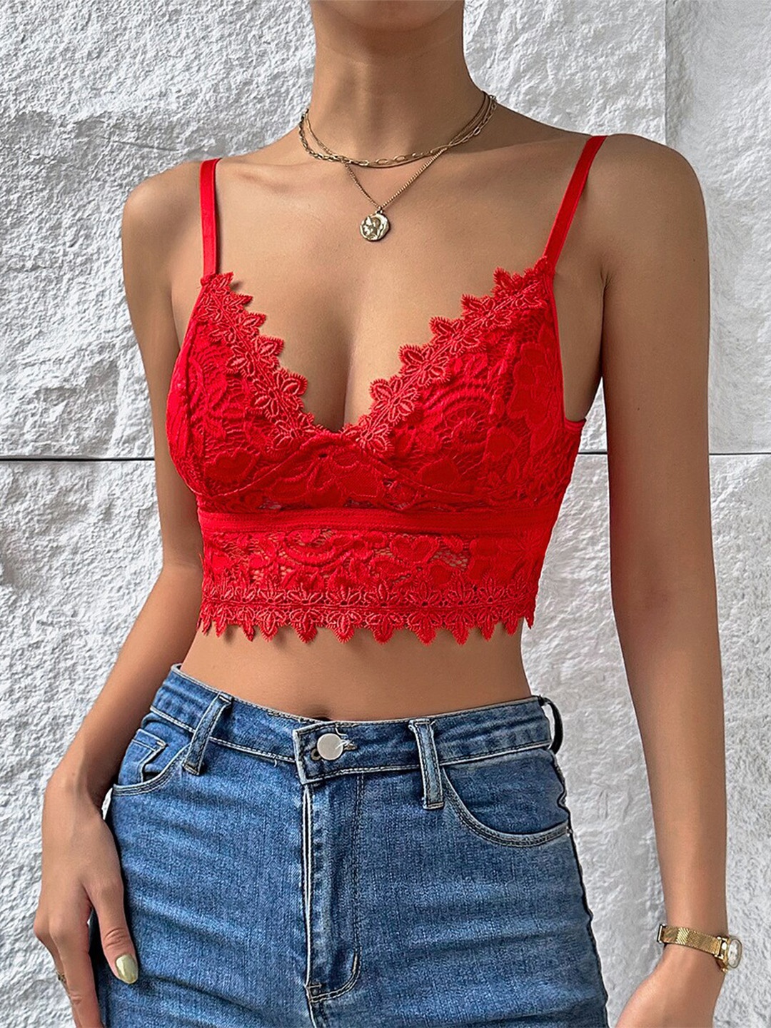 

StyleCast Red Floral Lace-Up Shoulder Straps Bralette Crop Top