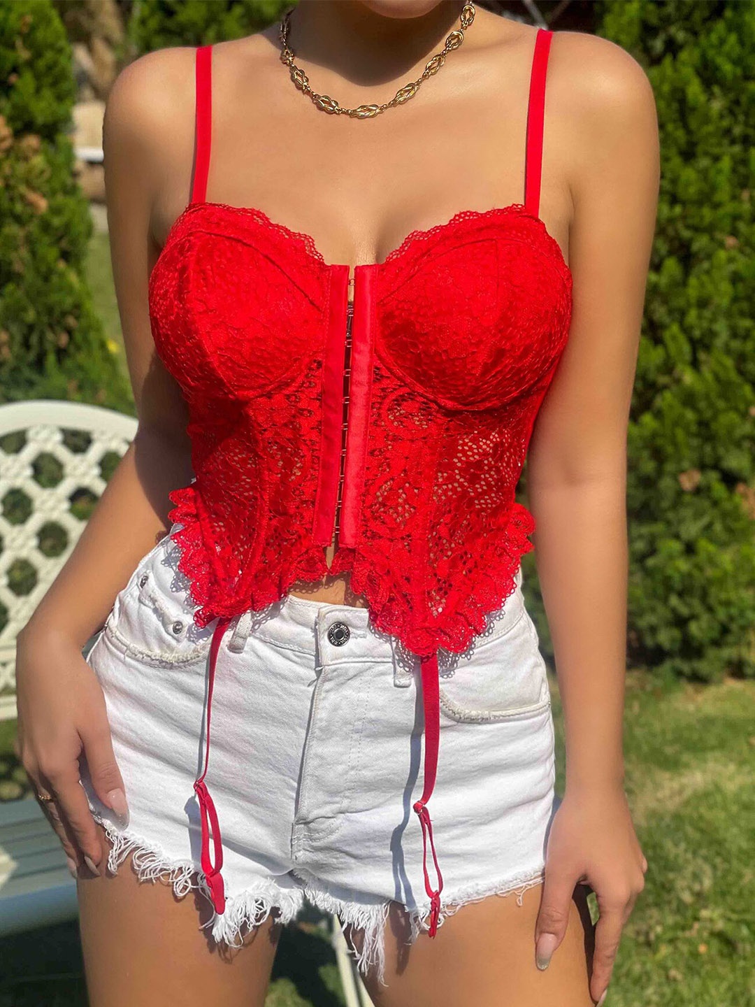

StyleCast Red Floral Self Design Shoulder Straps Net Fitted Crop Top