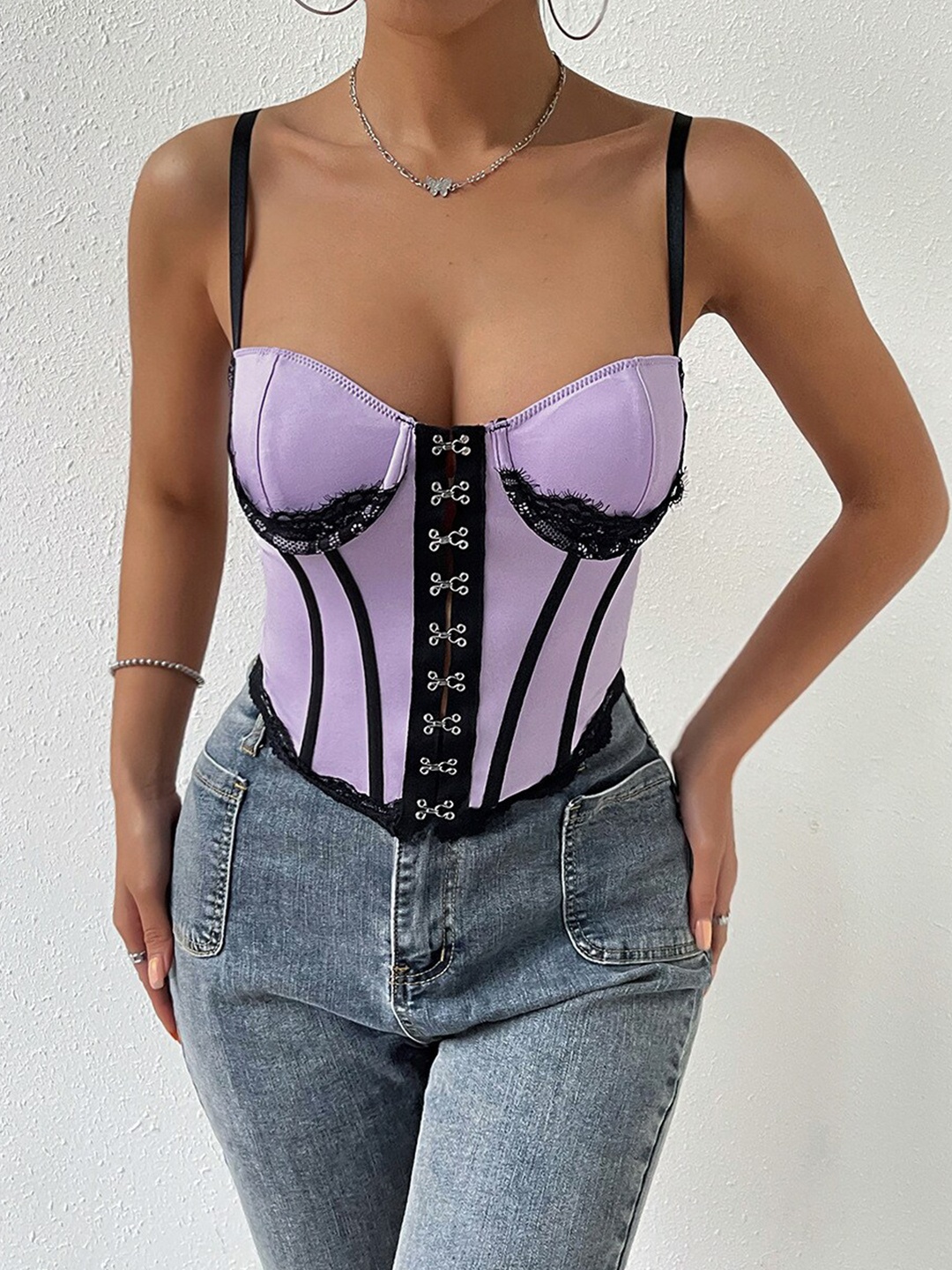 

StyleCast Lavender Striped Shoulder Straps Corset Crop Top