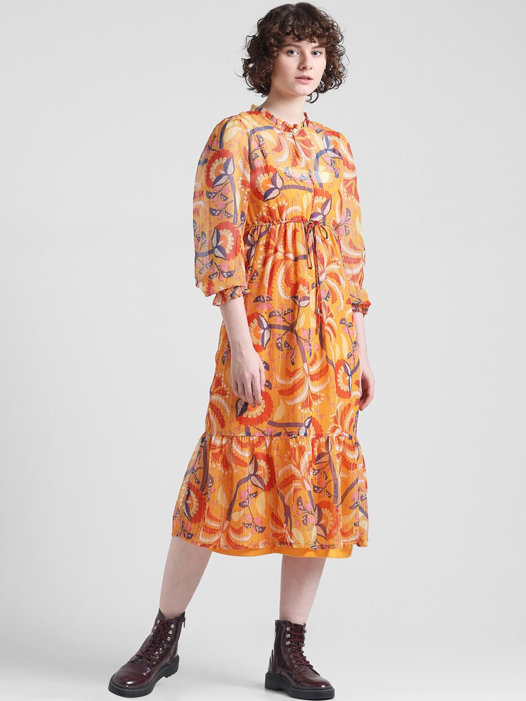 

ONLY Floral Printed Flounce Chiffon Fit & Flare Midi Dress, Yellow
