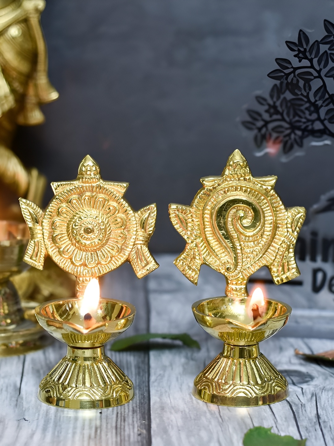 

Bhimonee Decor Gold Toned Pure Brass Shanku Chakra Diya Pooja Essentials