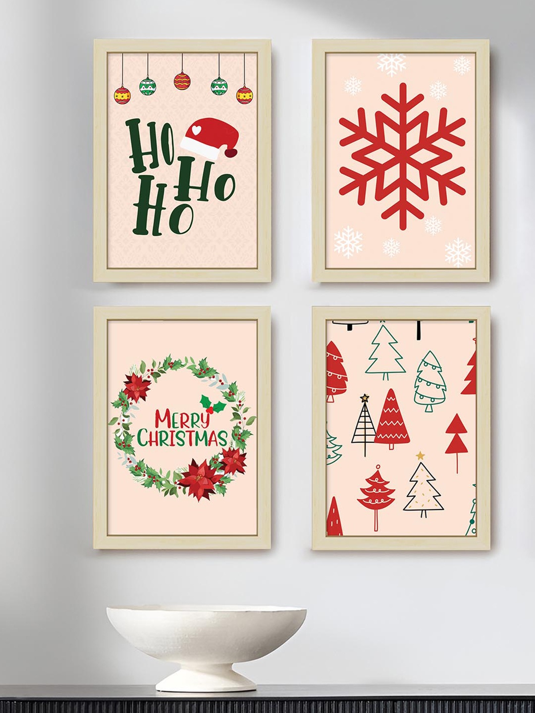 

Art Street 4-Pcs Beige & Pink Printed Merry Christmas Bundle Wooden Wall Art