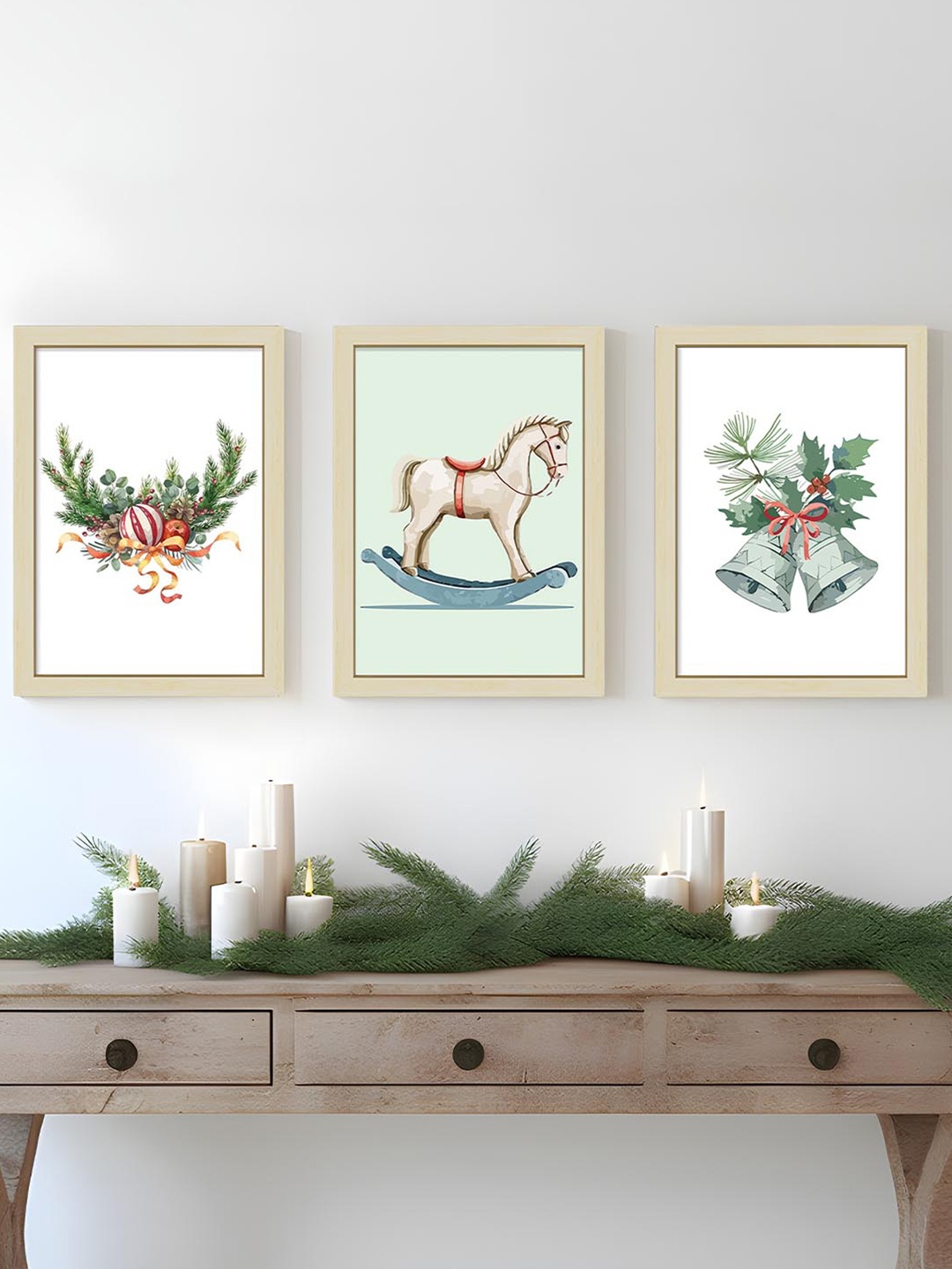 

Art Street 3-Pcs Beige & Green Printed Horse Christmas Wooden Wall Art