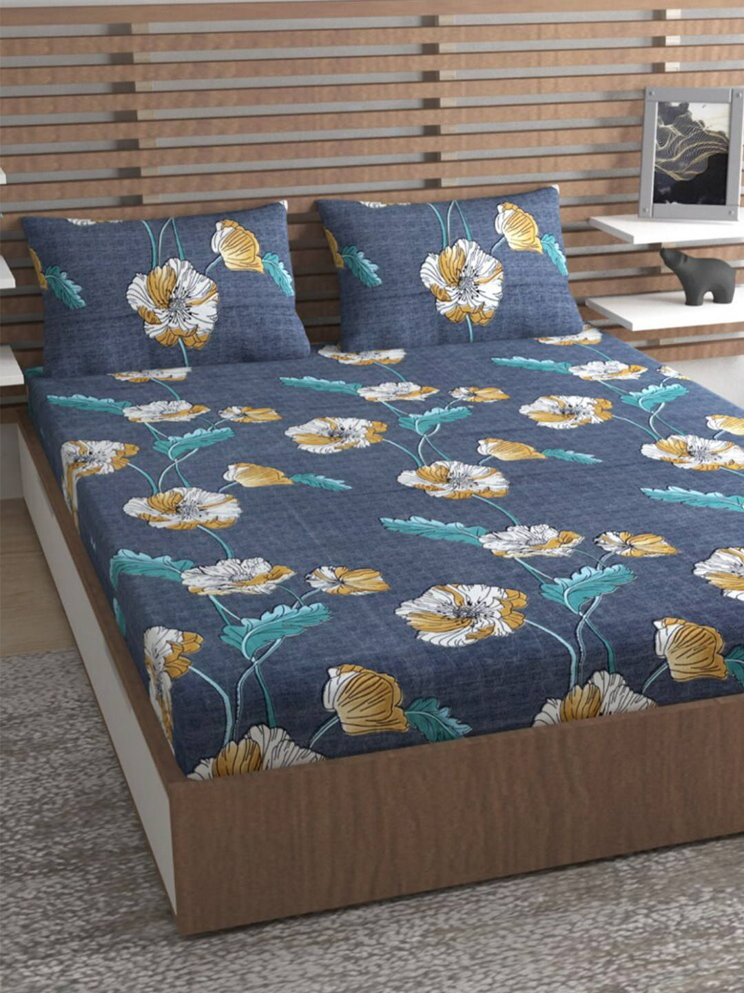 

Urban Magic Navy Blue & White Floral 160 TC Queen Bedsheet with 2 Pillow Covers