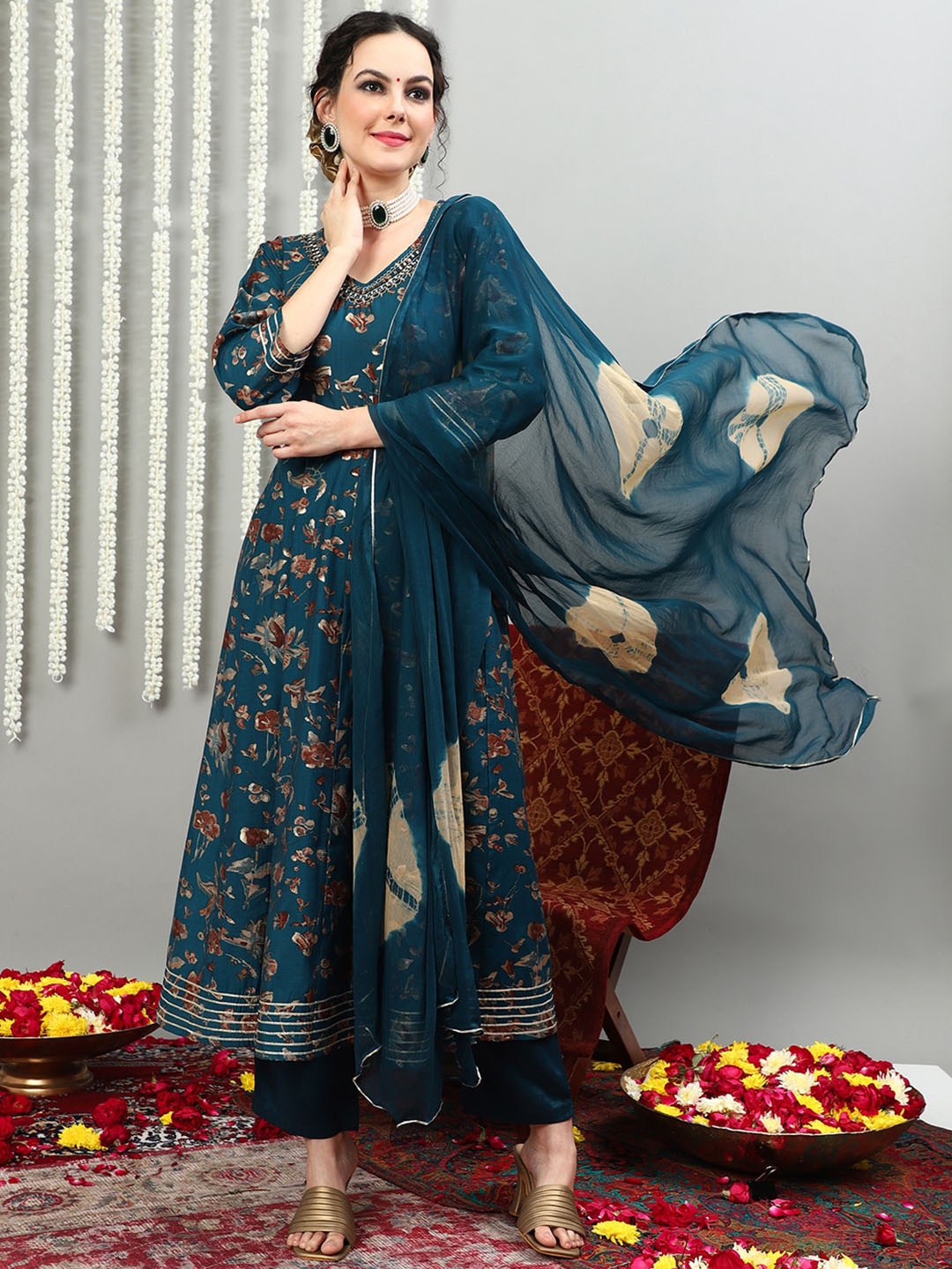 

Vastramyaa Floral Printed Beads & Stones Pure Silk Anarkali Kurta With Palazzo & Dupatta, Teal