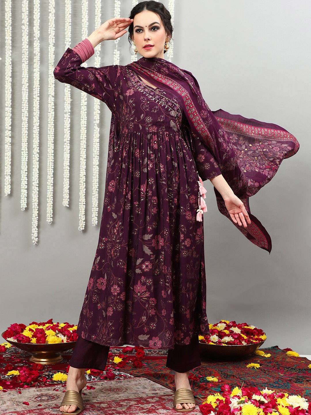 

Vastramyaa Floral Printed Anarkali Beads & Stones Pure Silk Kurta With Palazzos & Dupatta, Purple