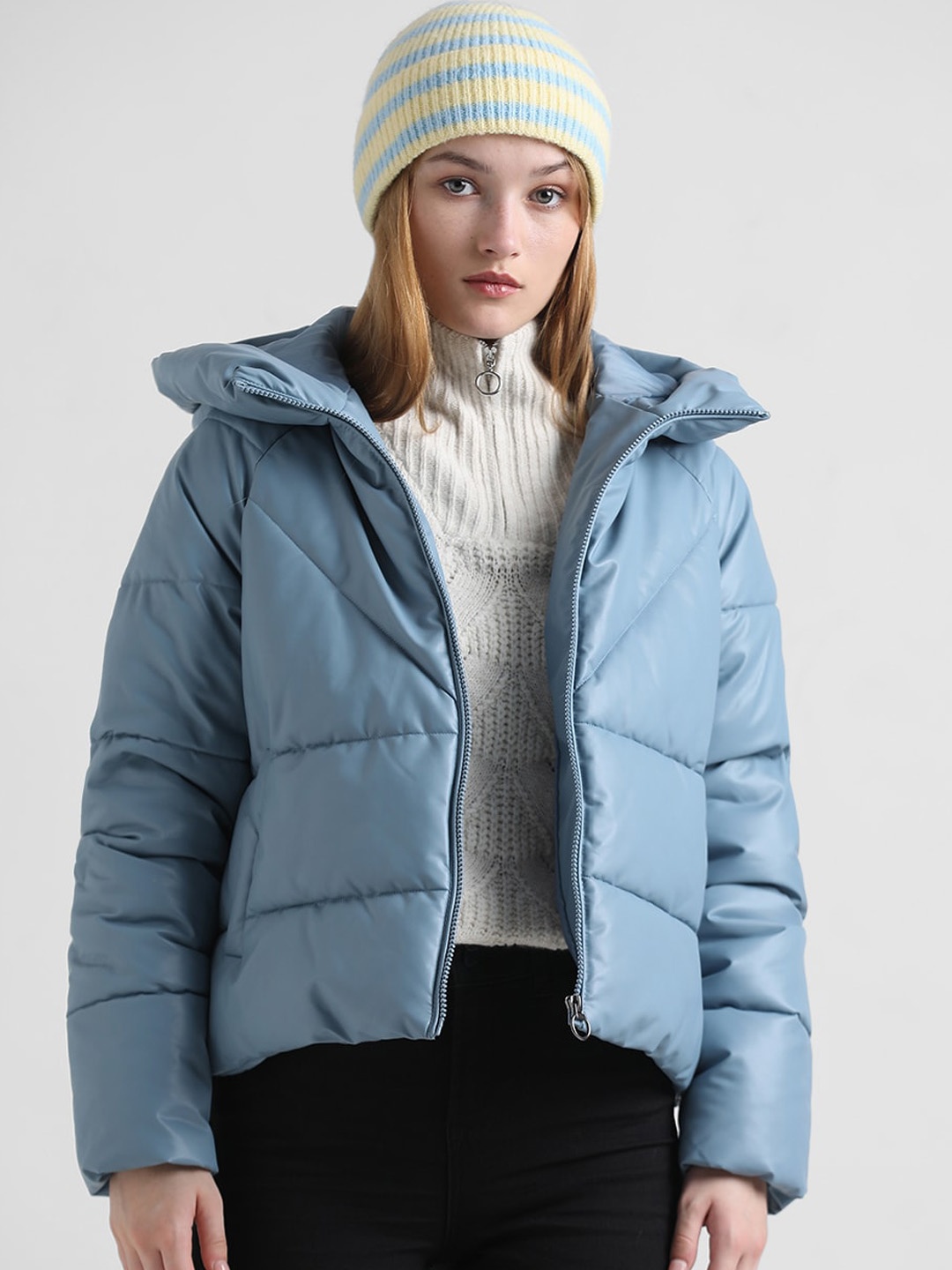 

ONLY Faux Leather Hooded Puffer Jacket, Blue