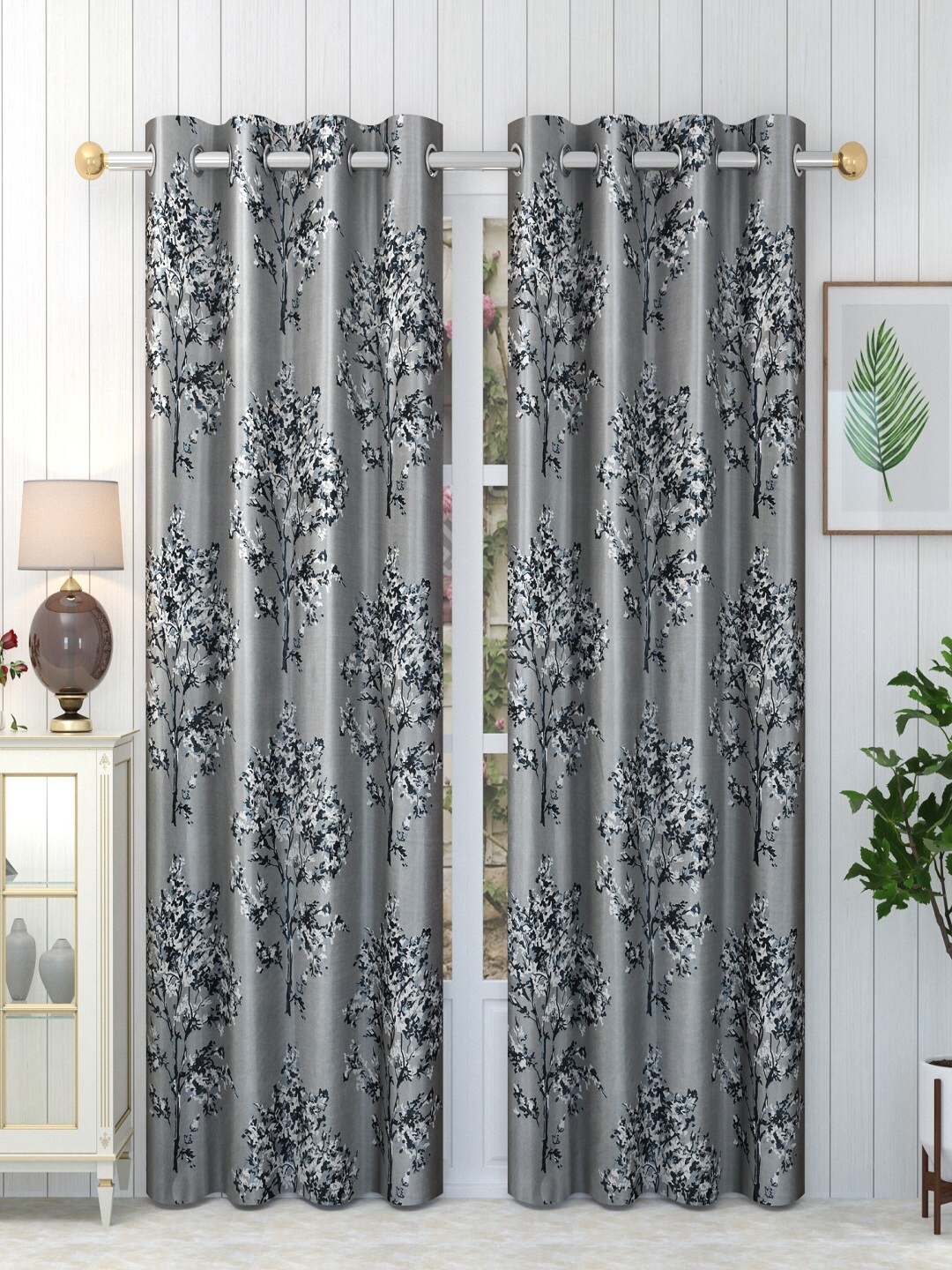 

Panipat Textile Hub Grey & White 2 Pieces Floral Long Door Curtain
