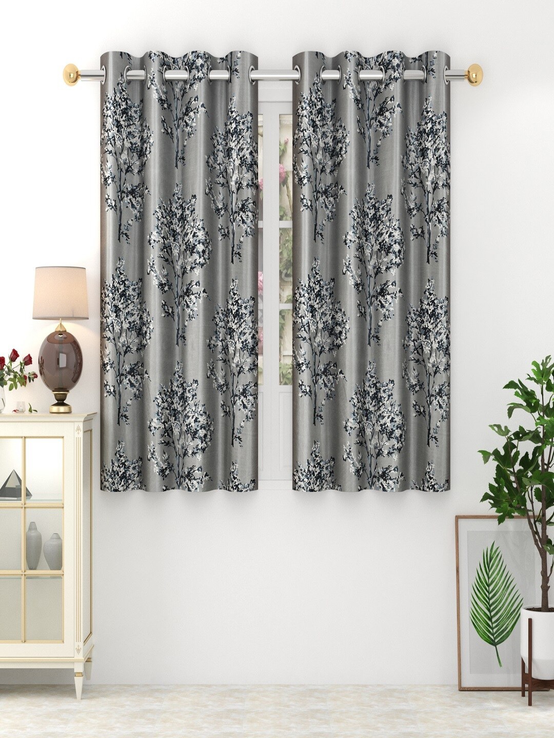 

Panipat Textile Hub Dry Tree Grey & White 2 Pieces Floral Print Window Curtains
