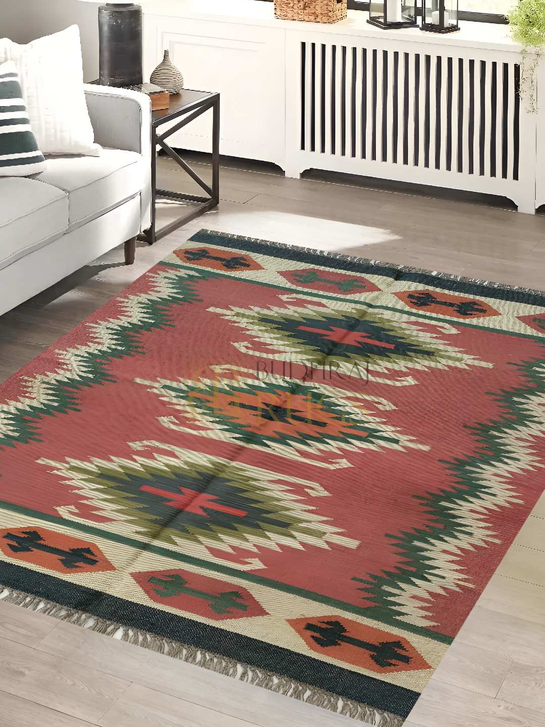 

Budhrajrugs Maroon & Green Geometric Rectangle Handmade Dhurrie
