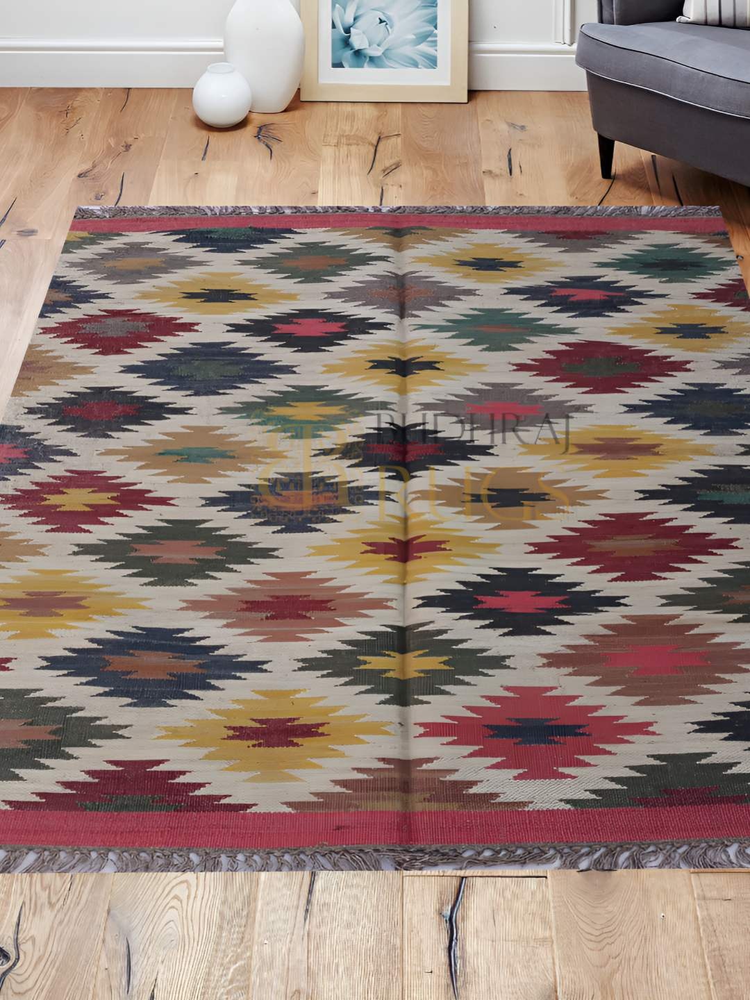 

Budhrajrugs Maroon & Yellow Geometric Woollen Jute Rectangle Dhurrie