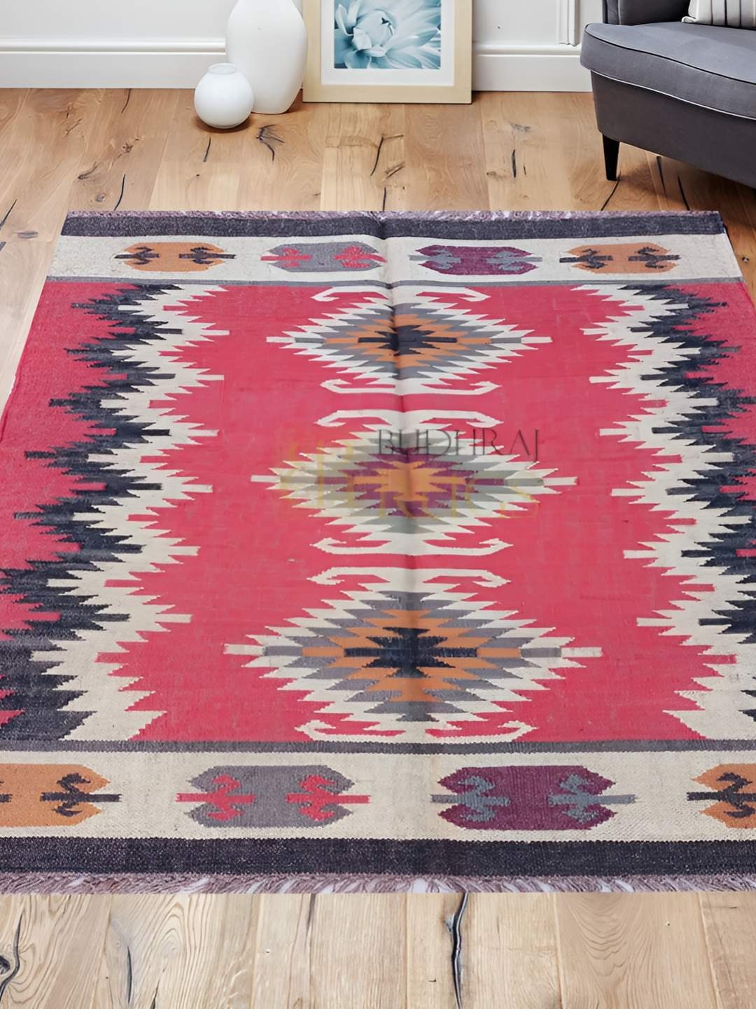 

Budhrajrugs Maroon & Black Geometric Rectangular Dhurrie