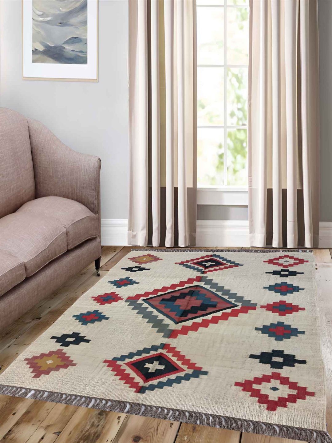 

Budhrajrugs Beige & Maroon Geometric Rectangle Dhurrie