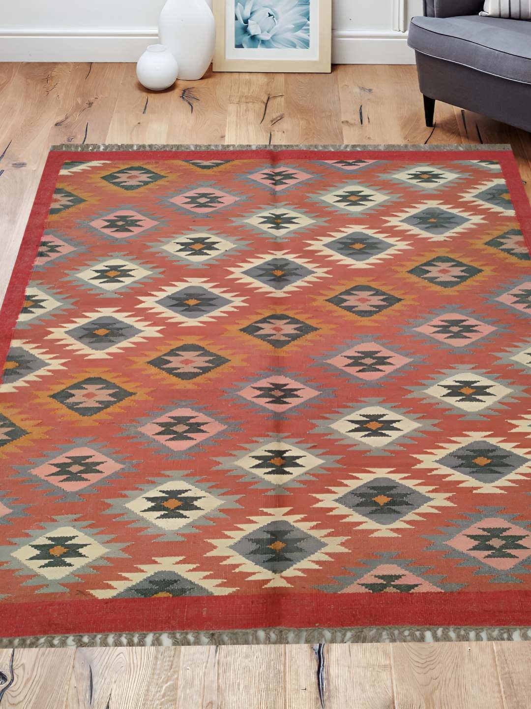 

Budhrajrugs Maroon & Peach Geometric Rectangle Wool jute Dhurrie