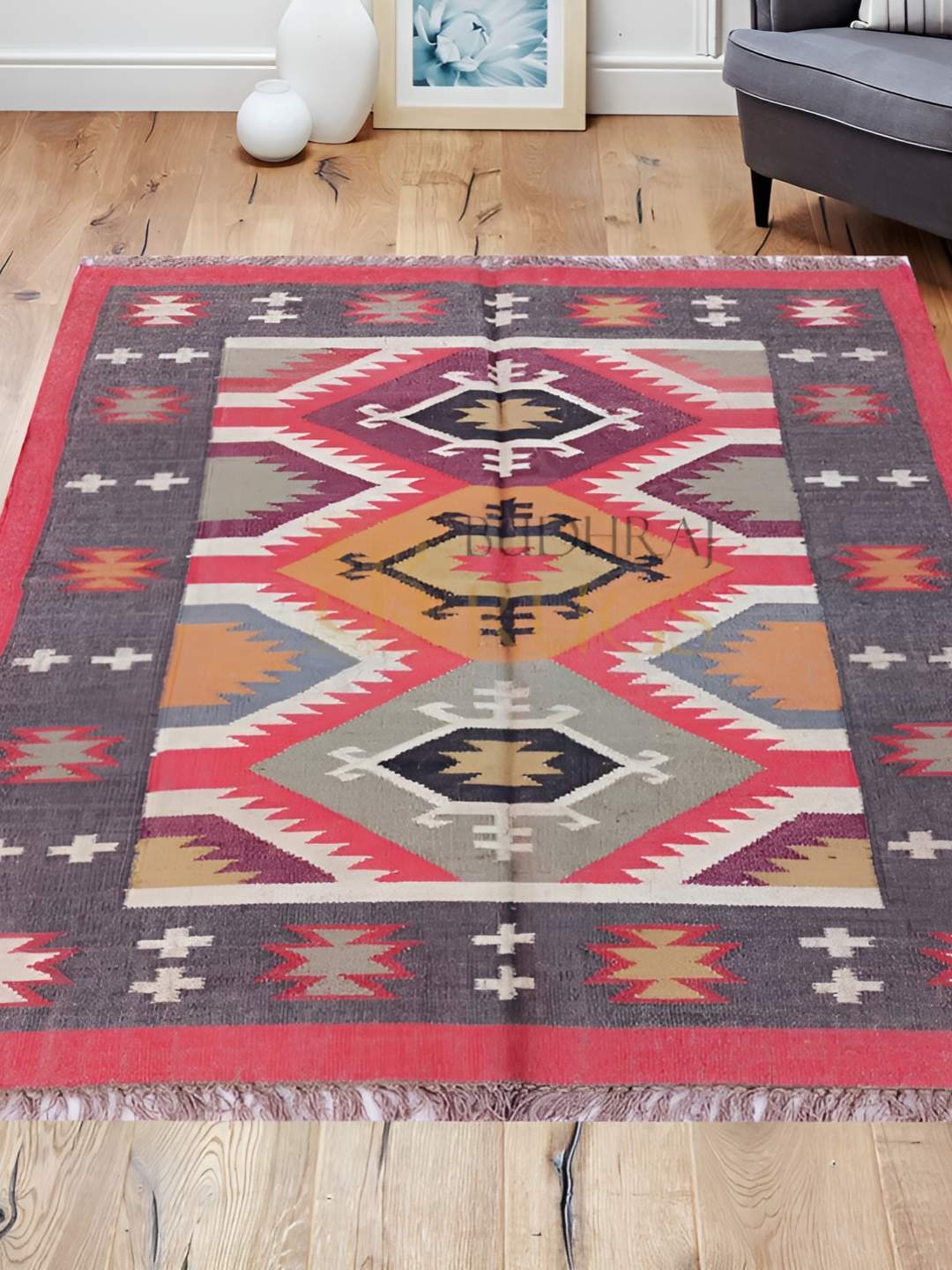 

Budhrajrugs Maroon & Yellow Geometric Wool Jute Rectangle Dhurrie