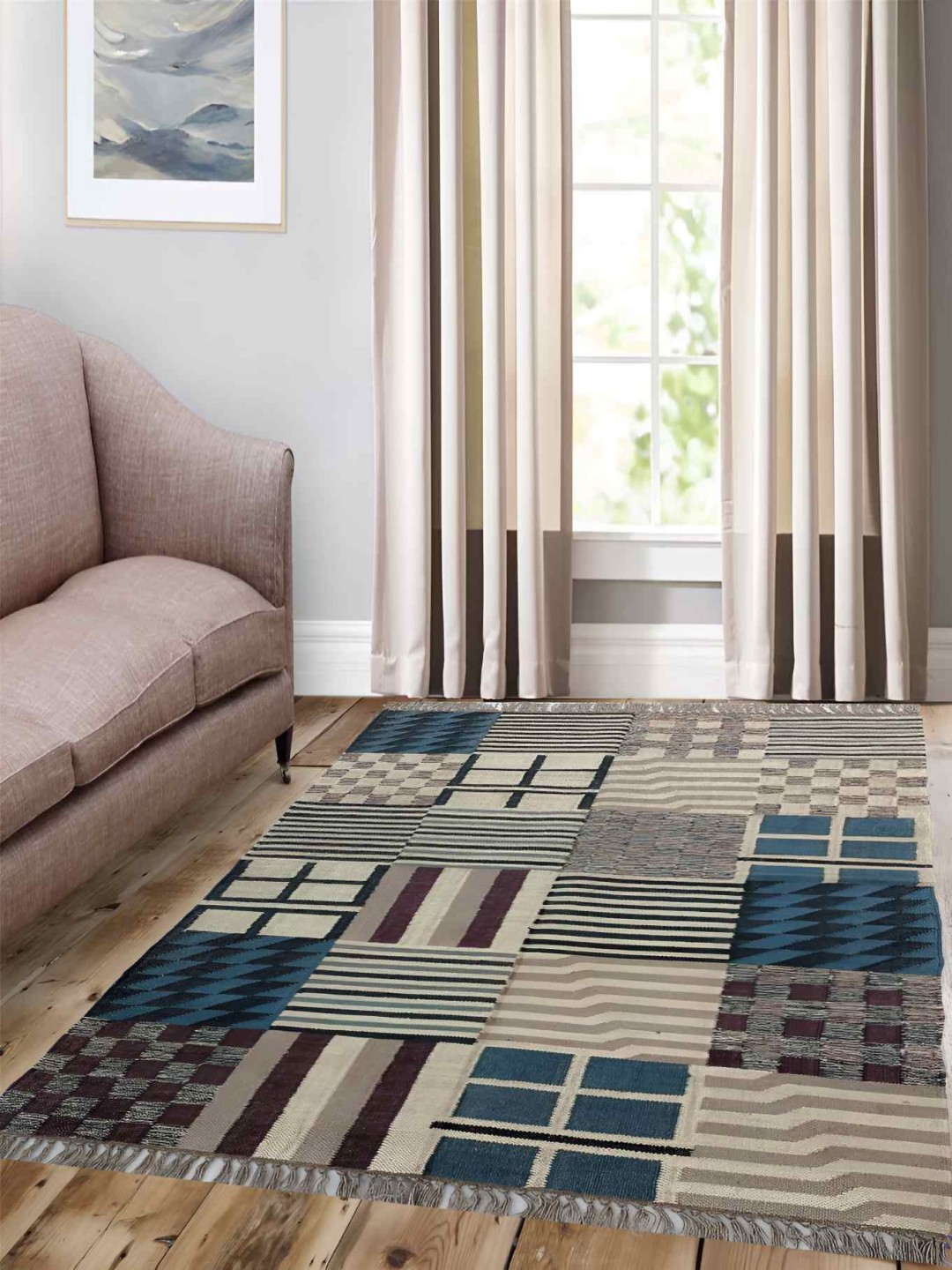 

Budhrajrugs Beige & Blue Geometric Reversible Rectangle Dhurrie