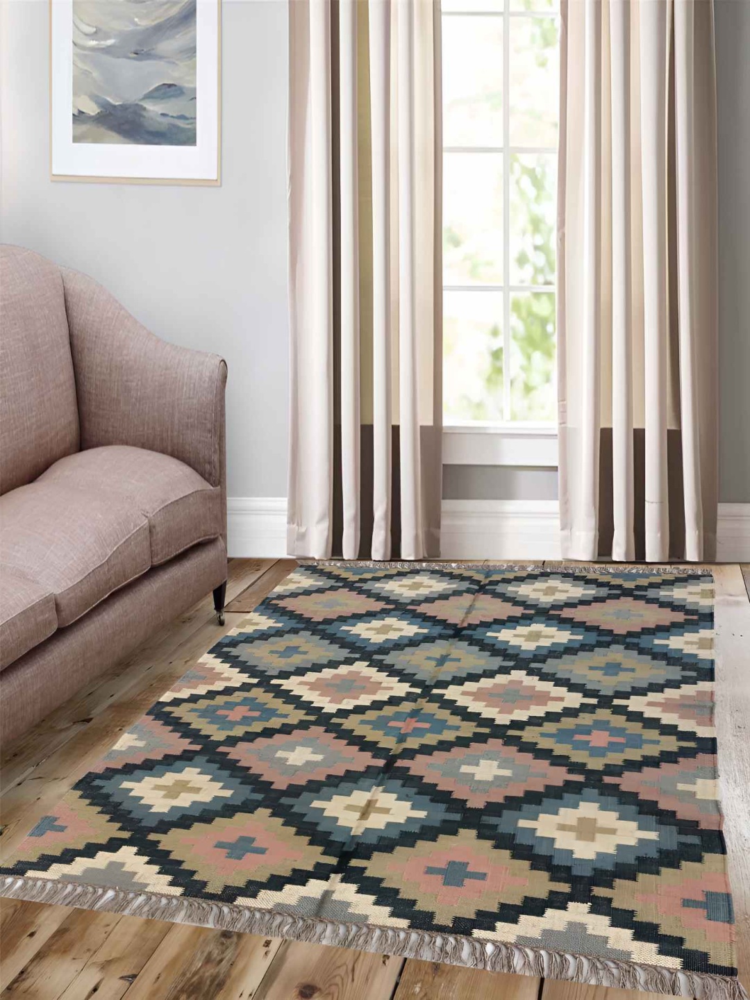 

Budhrajrugs Blue & Beige Geometric Reversible Rectangle Dhurrie