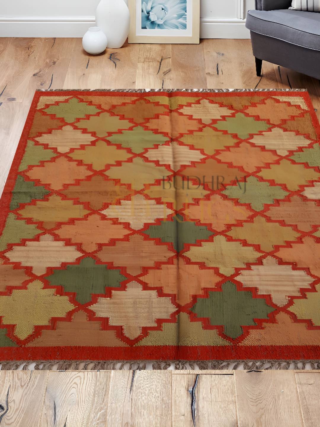 

Budhrajrugs Orange & Green Geometric Reversible Rectangle Dhurrie