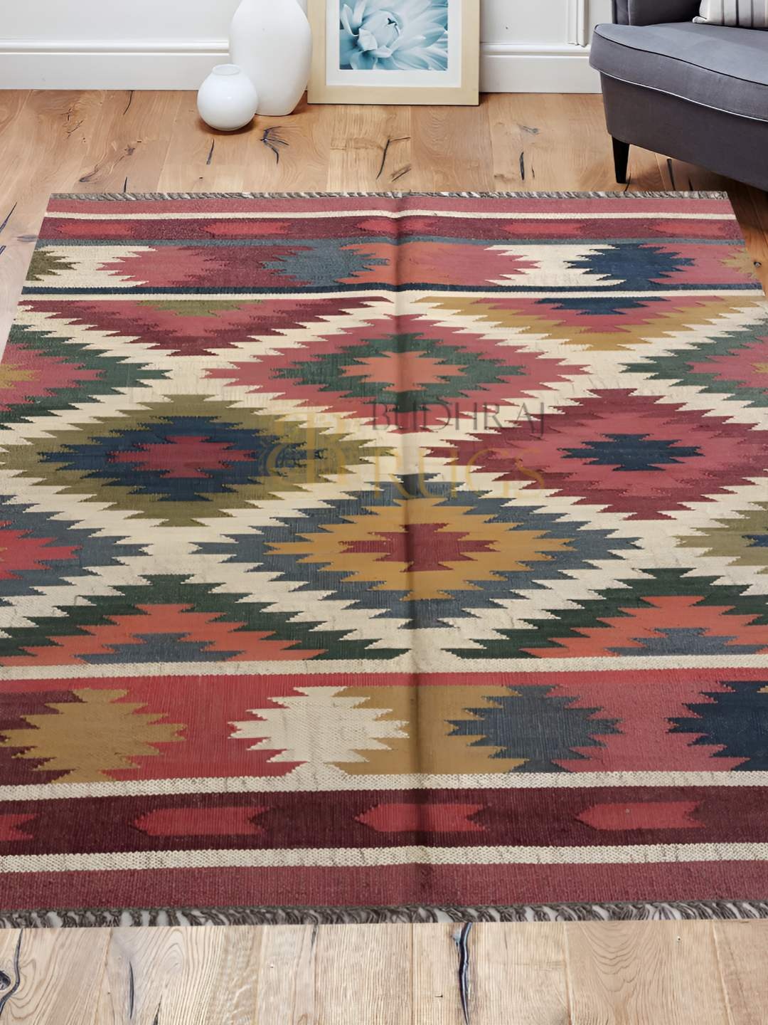

Budhrajrugs Maroon & Beige Geometric Reversible Rectangle Dhurrie