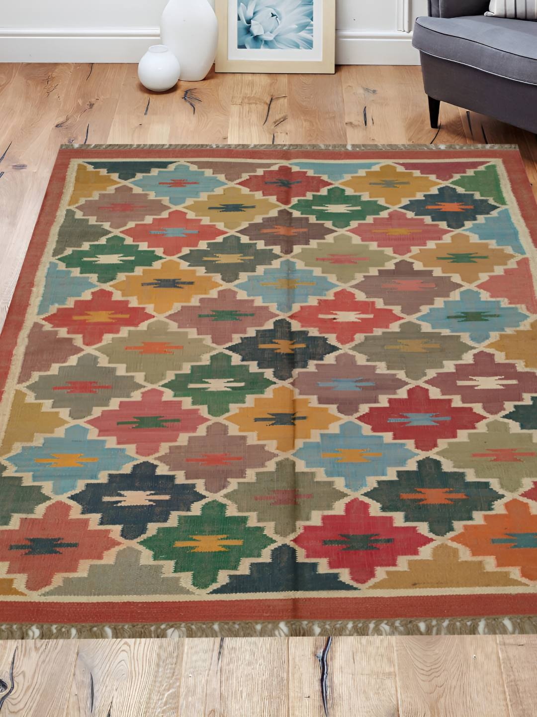 

Budhrajrugs Maroon & Yellow Geometric Woollen Jute Rectangle Dhurrie