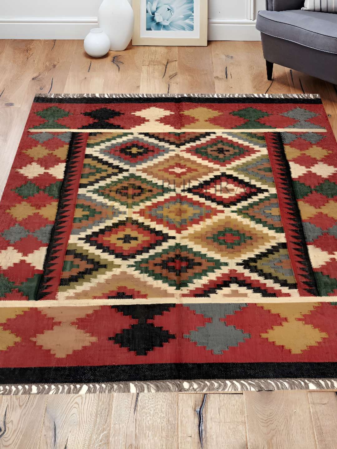 

Budhrajrugs Maroon & Yellow Geometric Rectangle Dhurrie