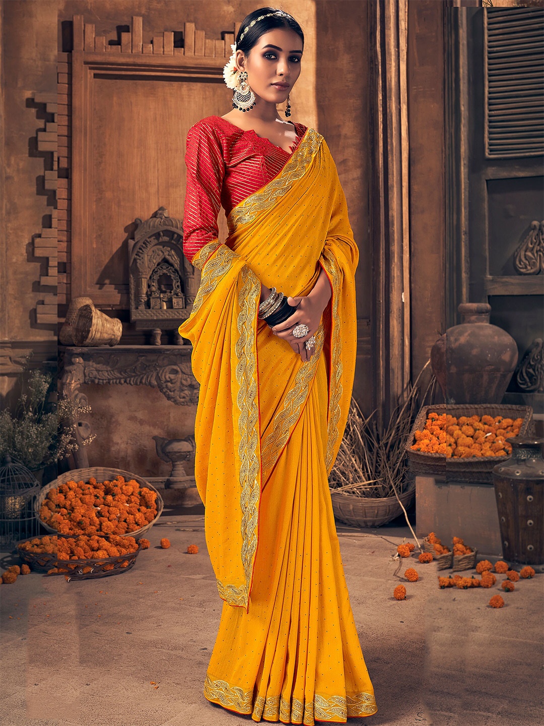 

SANSKAR Embellished Beads and Stones Saree, Yellow