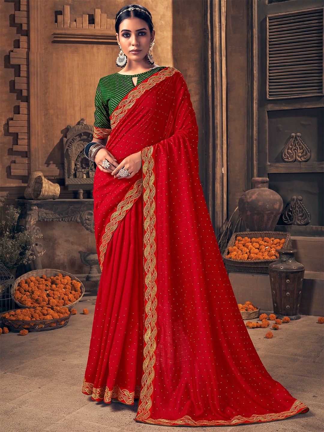 

SANSKAR Embellished Beads and Stones Saree, Red