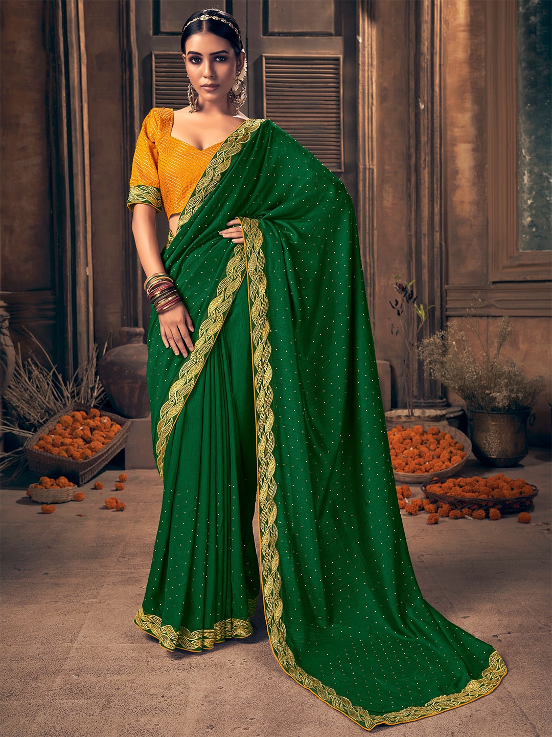 

SANSKAR Embellished Embroidered Saree, Green