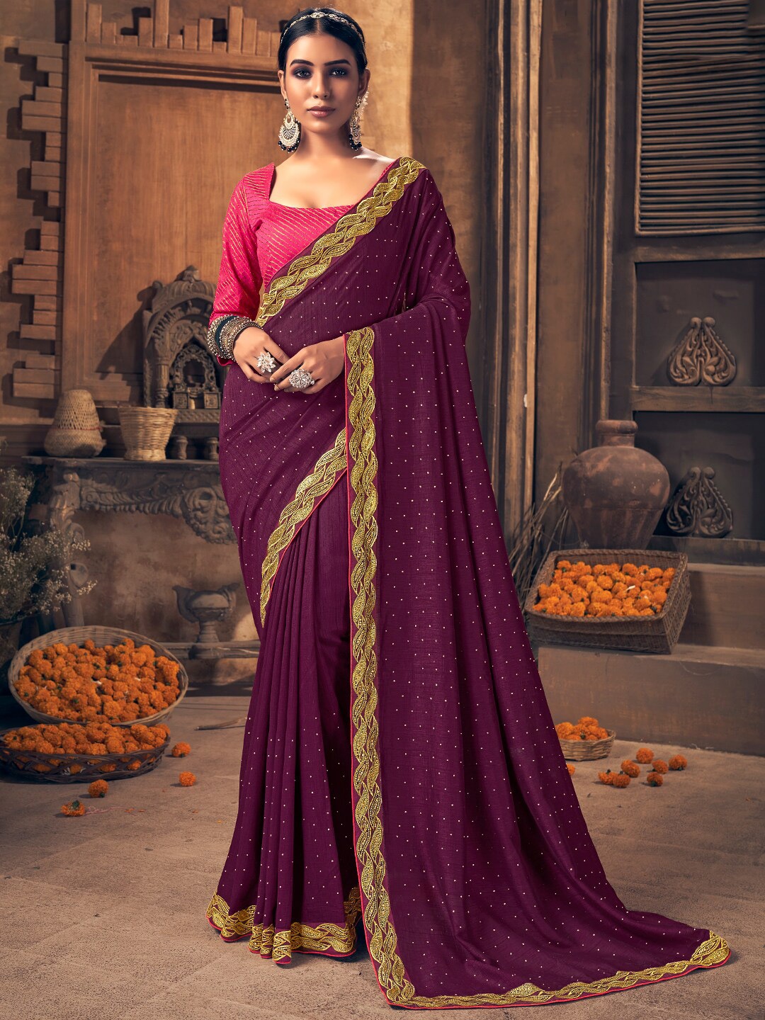 

SANSKAR Embellished Embroidered Saree, Violet