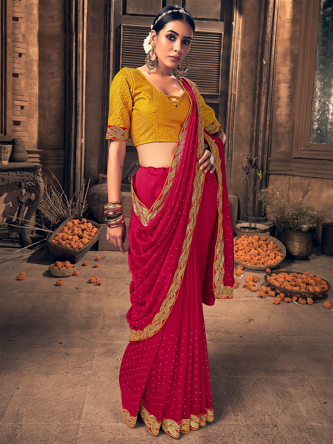 

SANSKAR Embellished Embroidered Saree, Pink