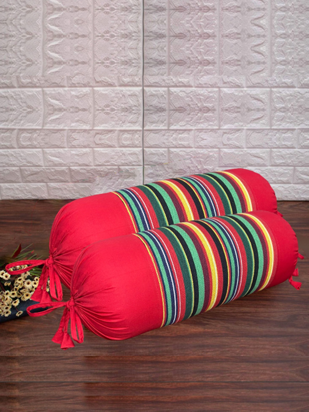 

SAJAVAT 2PCs Red & Green Striped Pure Cotton Bolster Covers