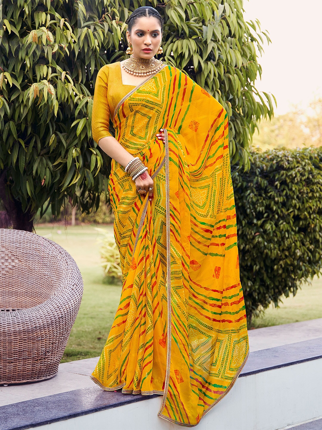 

SANSKAR Bandhani Printed Zari Embroidered Border Saree, Yellow