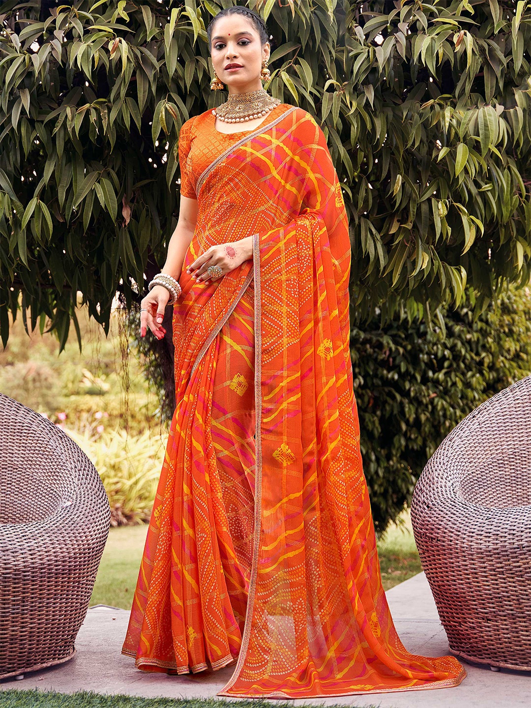

SANSKAR Bandhani Printed Saree, Orange