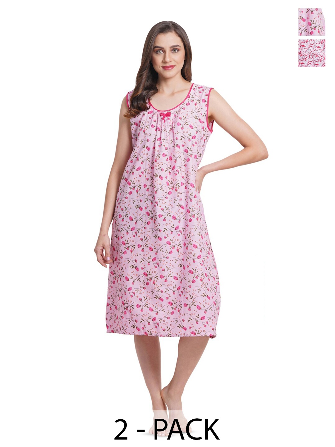 

Breezly Pack of 2 Ethnic Motifs Printed Pure Cotton Nightdress, Pink