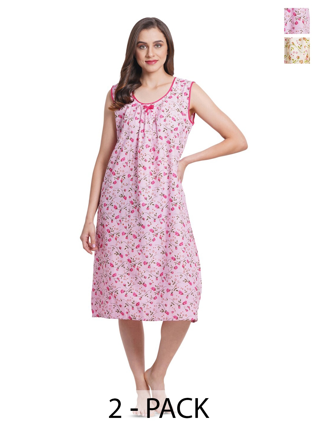 

Breezly Pack of 2 Ethnic Motifs Printed Pure Cotton Nightdress, Pink