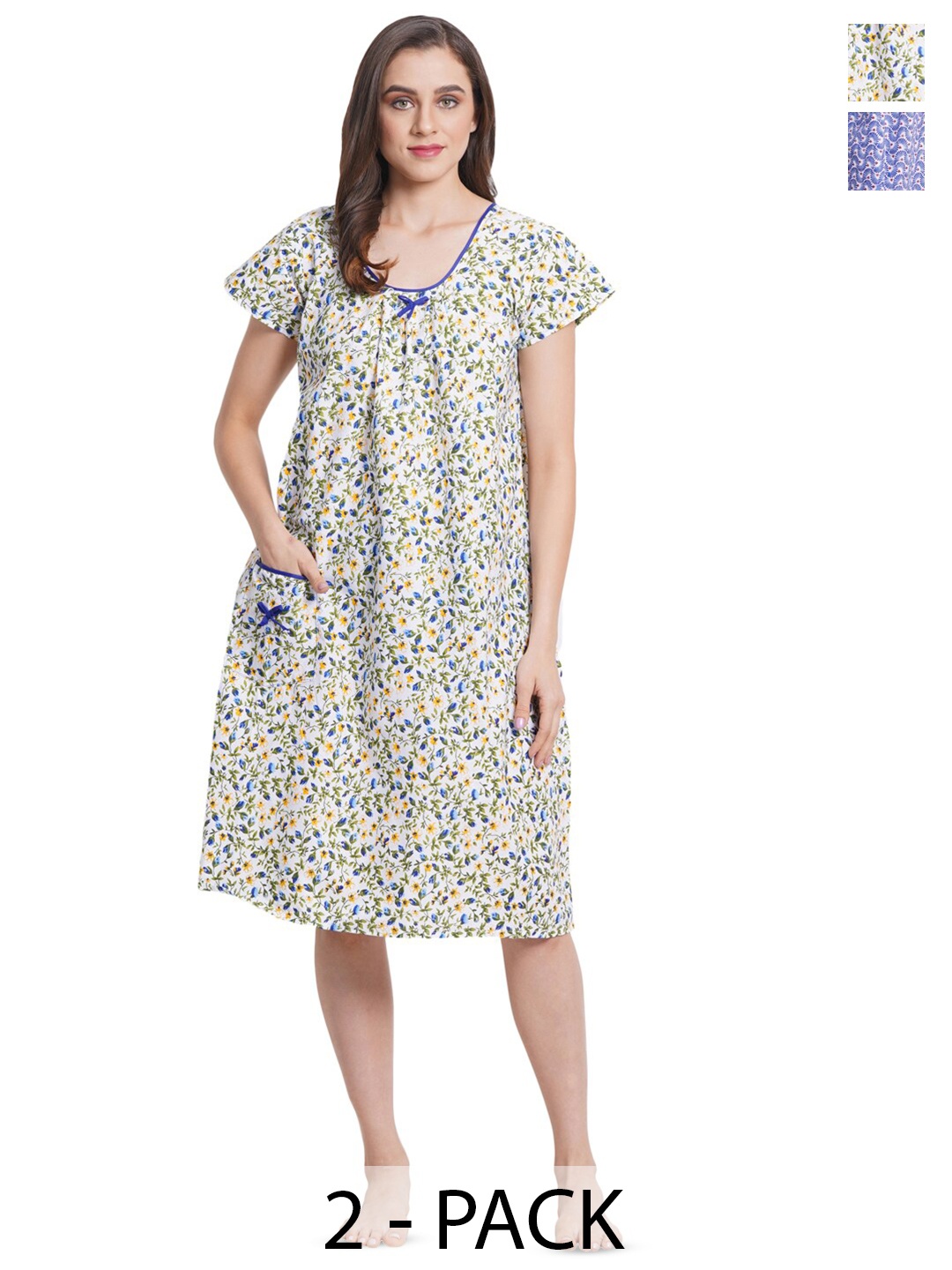

Breezly Pack Of 2 Floral Printed Pure Cotton Nightdress, Blue