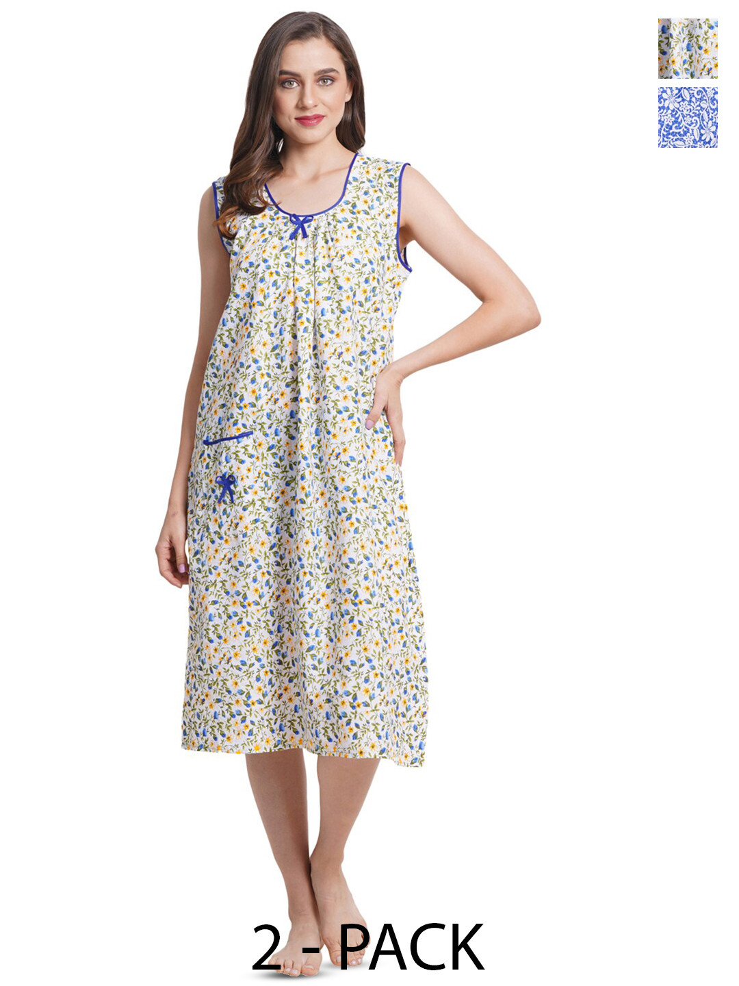 

Breezly Pack Of 2 Floral Printed Pure Cotton Nightdress, Blue
