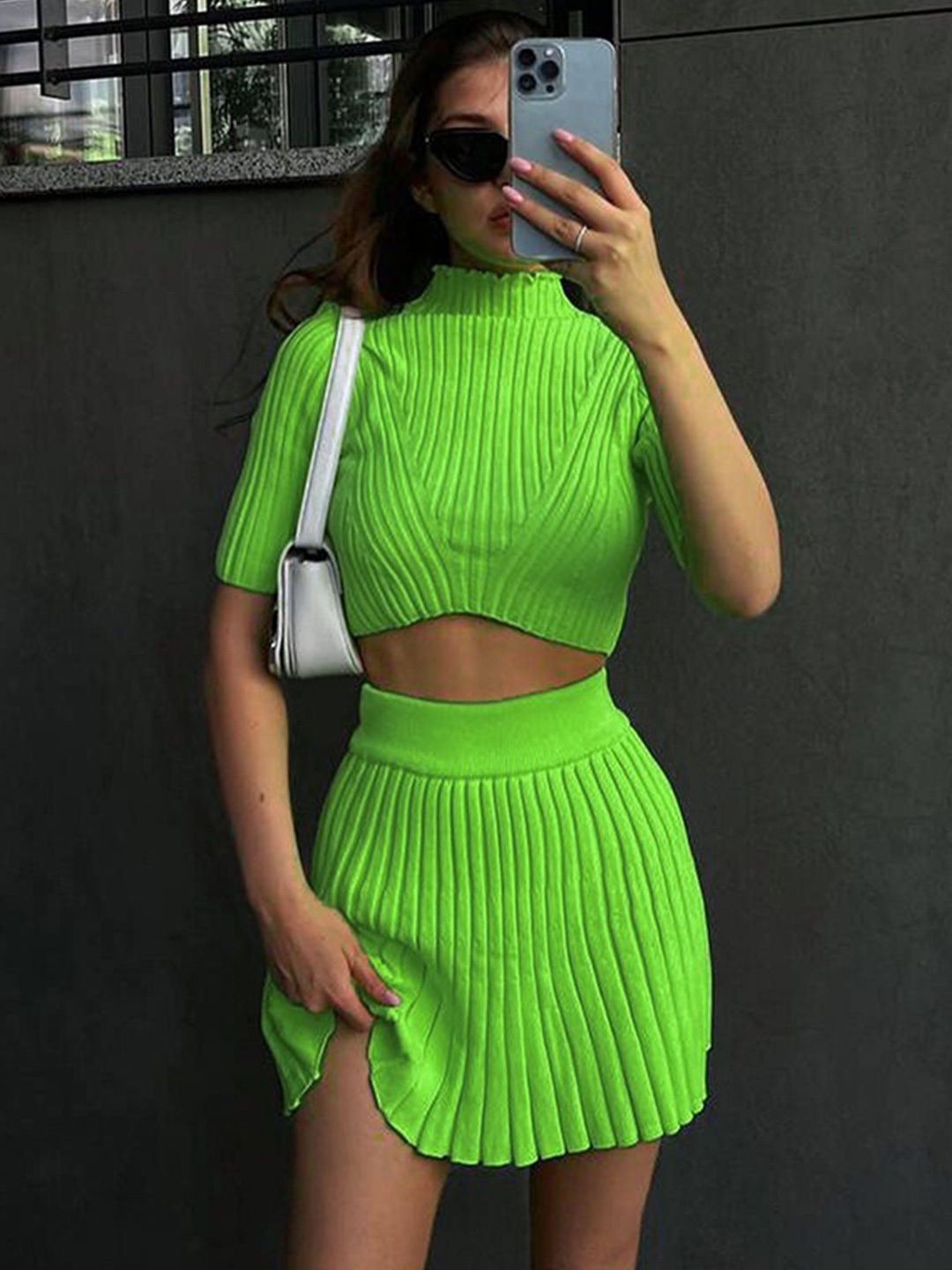 

StyleCast Green Ribbed High-Neck Crop Top WIth Flared Skirt