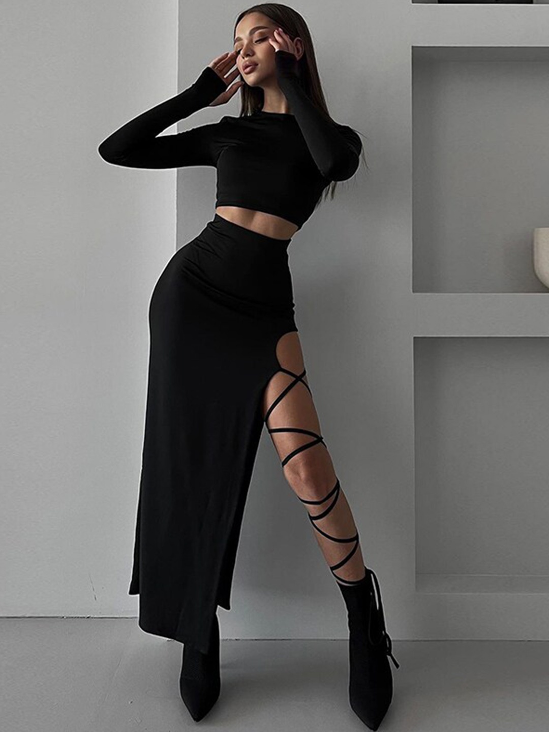 

StyleCast Black Round Neck Top WIth Flared Skirt Co-Ords